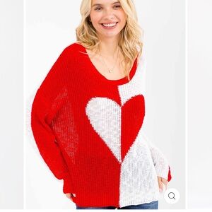 0309. COLORBLOCK HEART PRINT KNIT PULLOVER SWEATER Heart Pattern Red and White